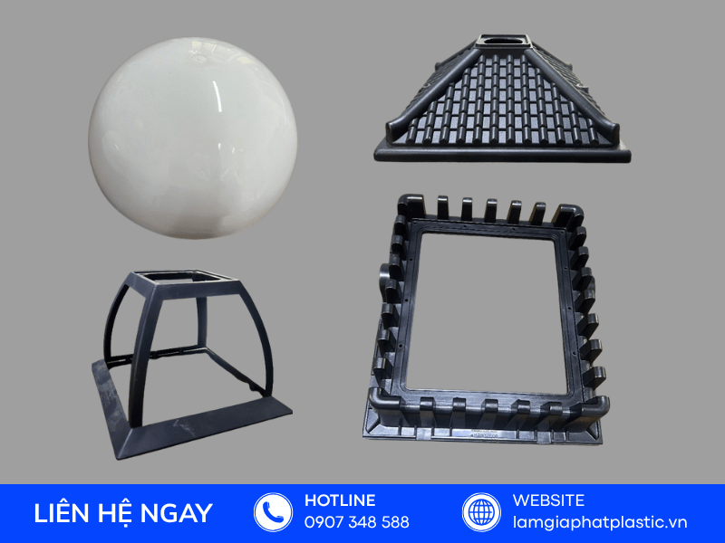 Bộ phụ kiện nhựa đèn trang trí và chụp đèn đúc sỉ trên nền xám tại Lâm Lâm Phát Plastic